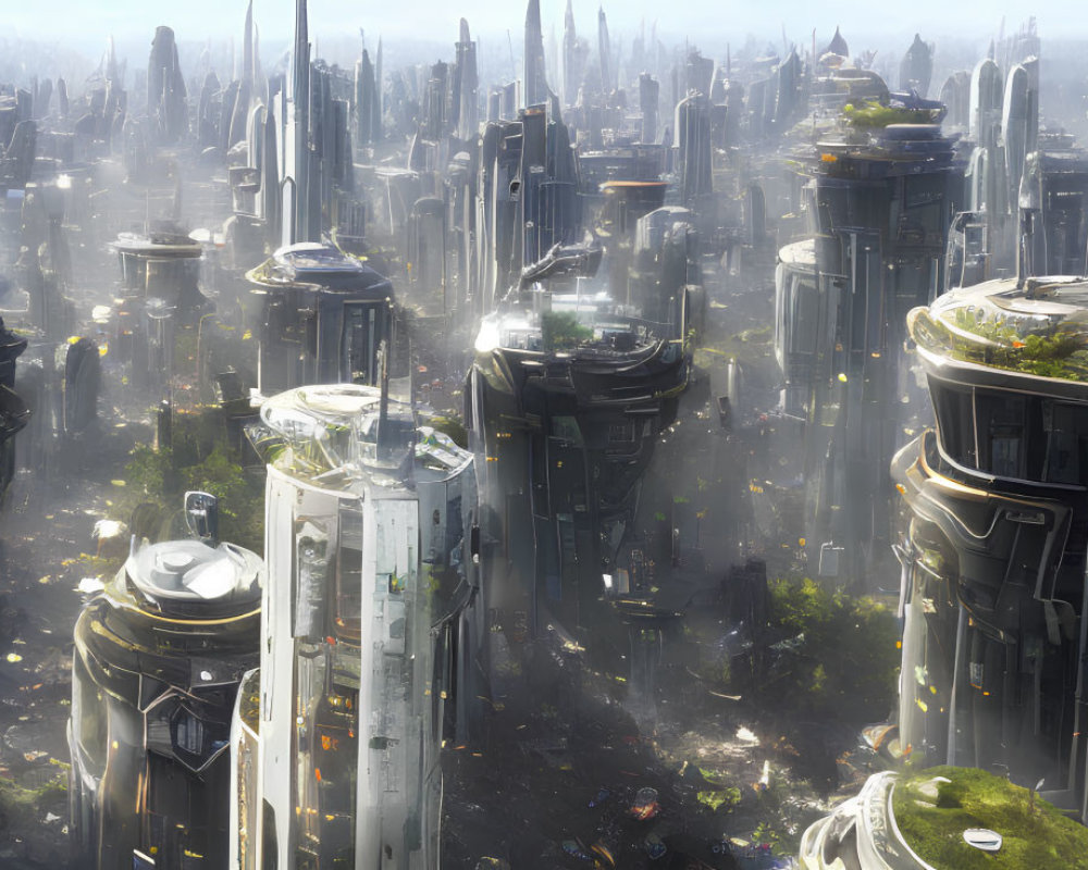 Futuristic cityscape with towering skyscrapers and green rooftop gardens in sunlight