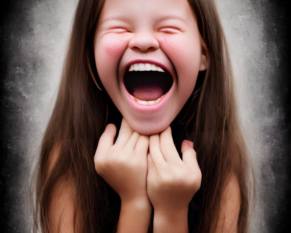 Young girl with long hair laughing against grey background