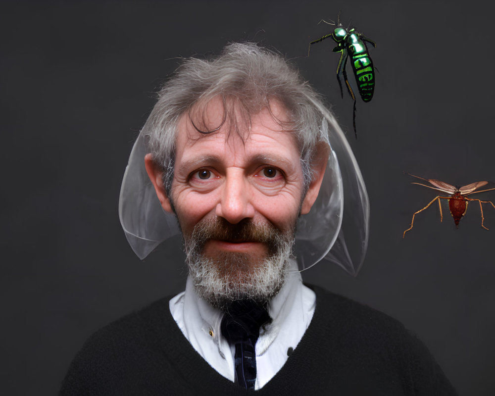 Elder man with beard and whimsical wings, mechanical and natural bees on grey background