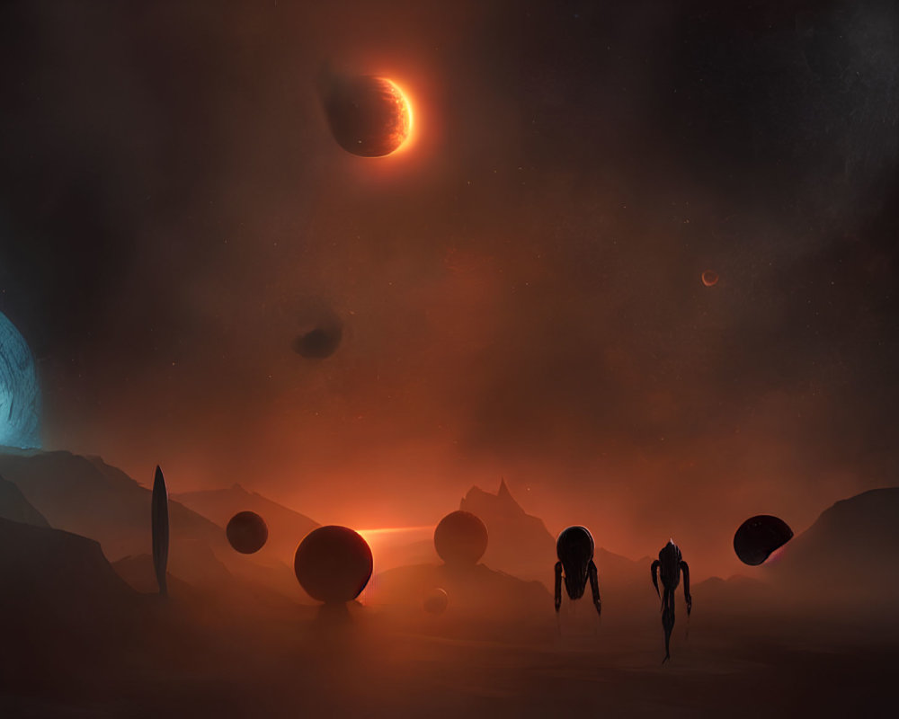 Sci-fi landscape with figures in spacesuits and dome structure