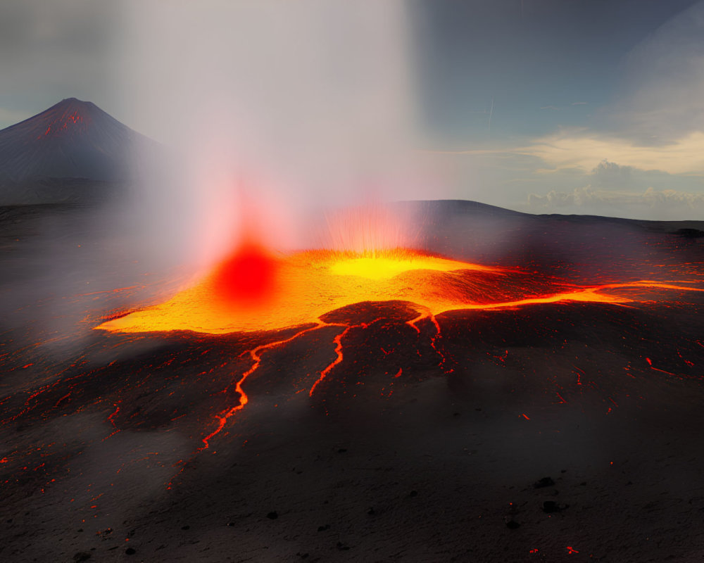 Volcanic landscape with erupting lava, flowing streams, and smoking volcano