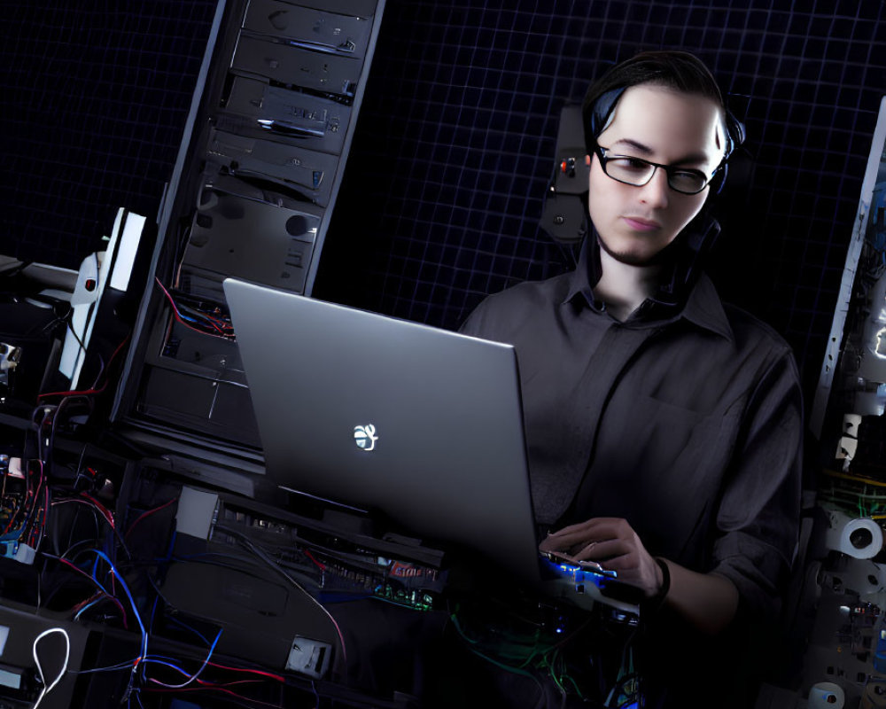 Person with Headphones Standing by Open Server Rack Filled with Electronic Equipment