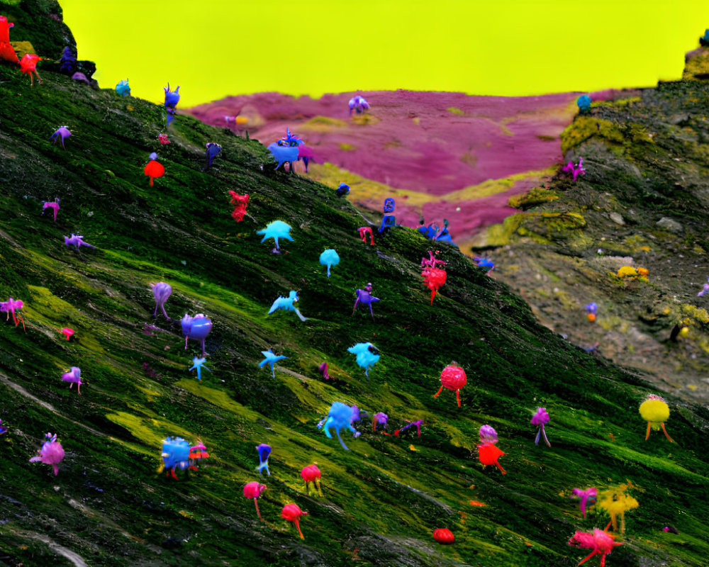 Colorful Alien Creatures in Green and Purple Fantasy Landscape