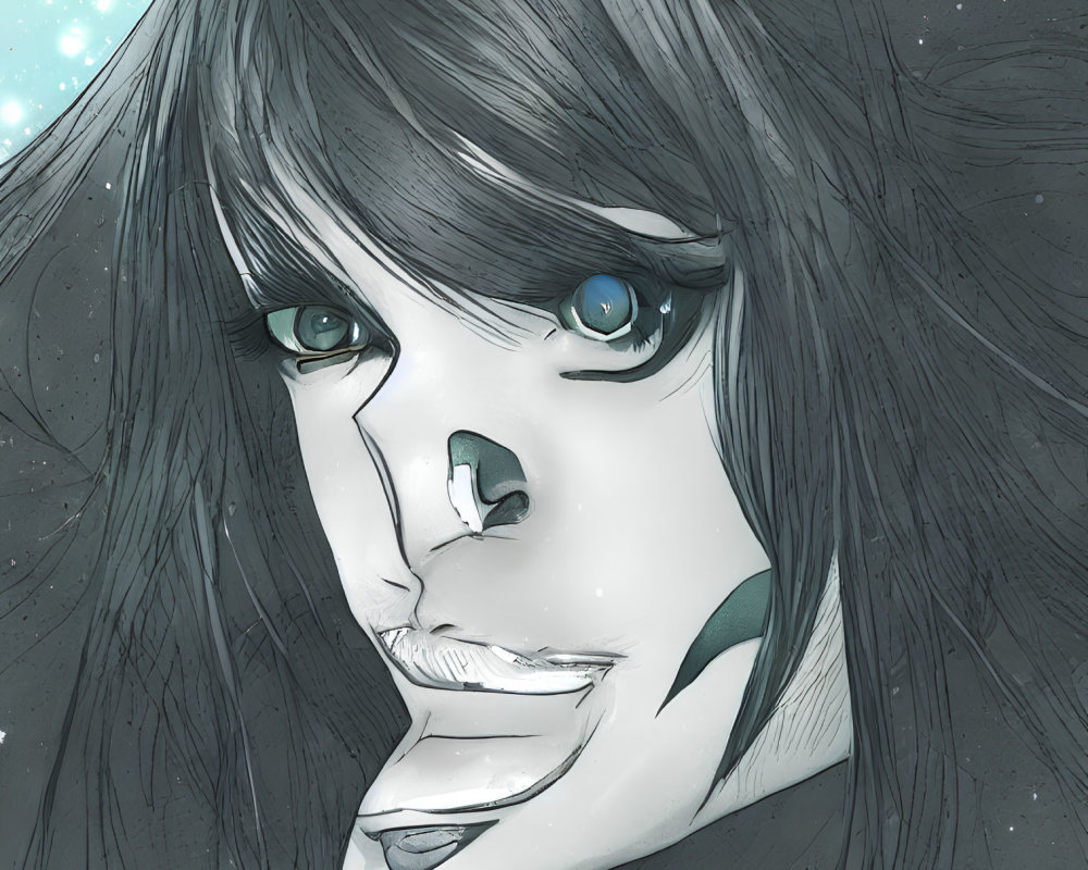 Person with Striking Blue Eyes and Dark Hair in Illustration