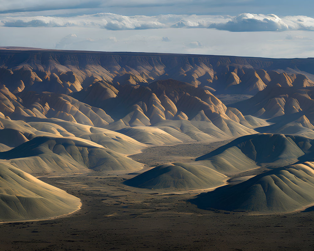 Barren desert landscape with undulating sand dunes and vast sky