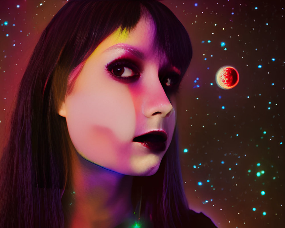 Person with dark lipstick makeup against cosmic background with stars and red planet.