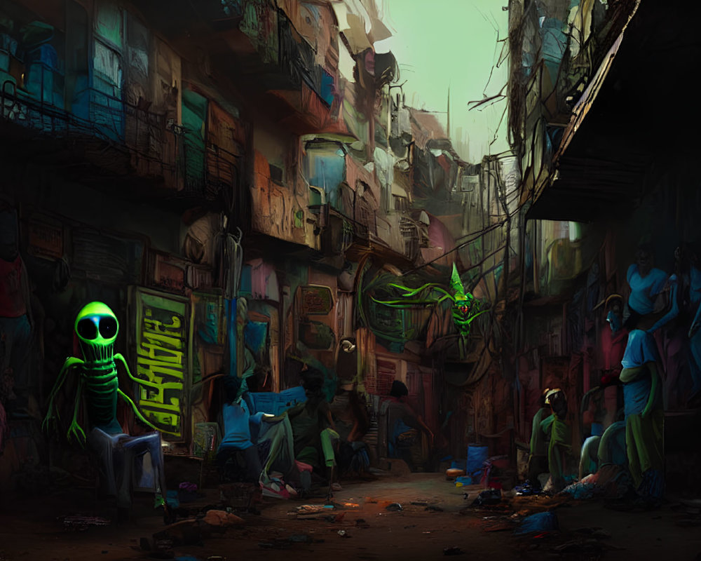 Dystopian alley with glowing green figures and decrepit buildings