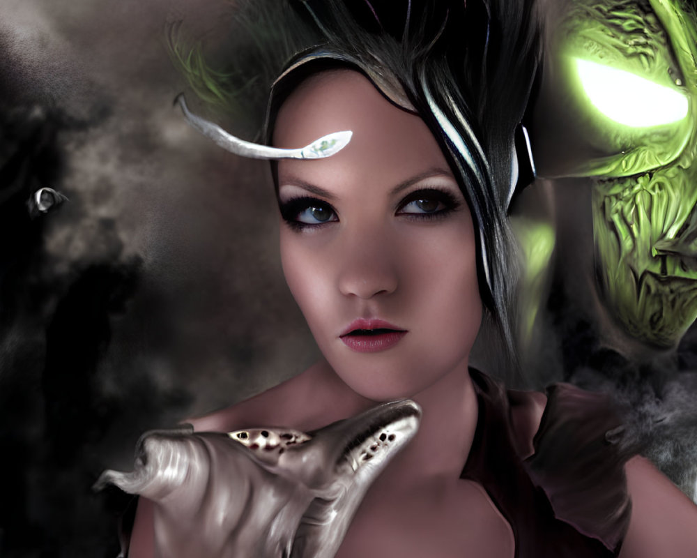 Fantasy digital artwork: Female character with blue eyes, silver hair accessories, mystical creature.