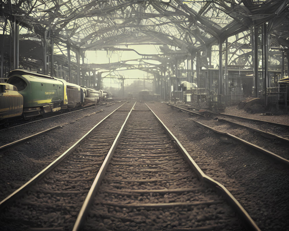 Industrial train station with converging railway tracks and parked trains