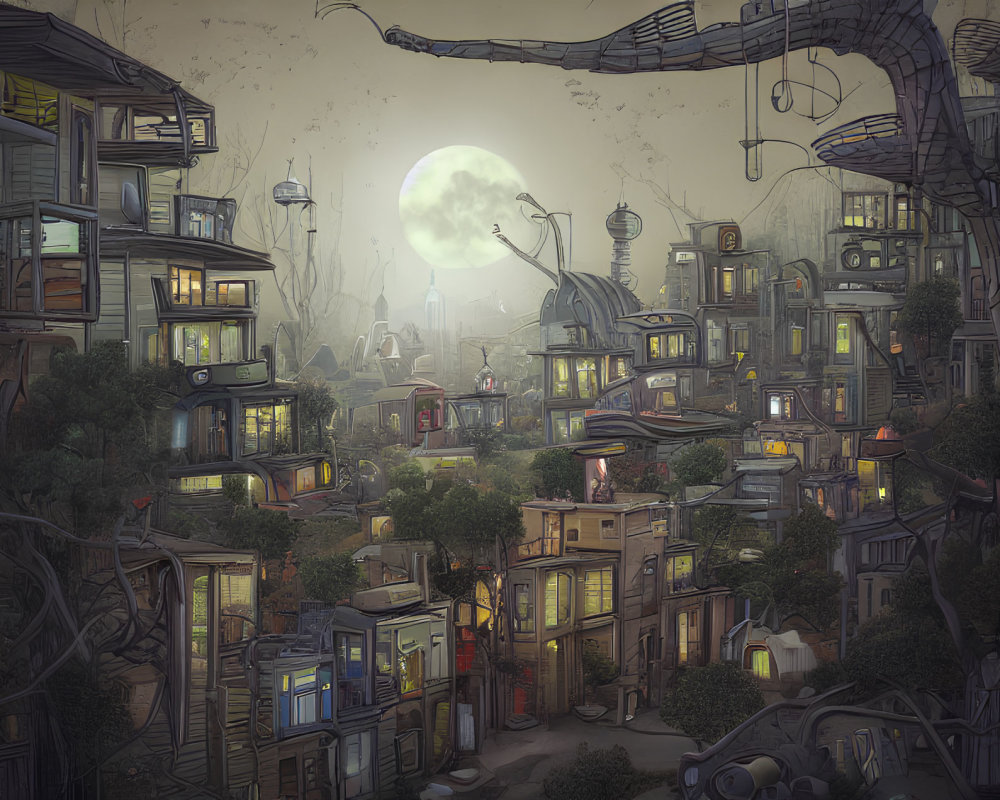 Whimsical cityscape at dusk with illuminated windows and large moon