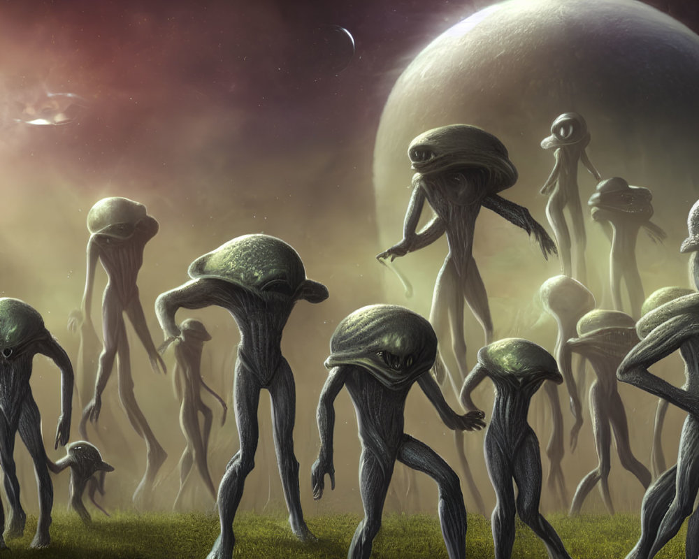 Jellyfish-like Alien Creatures in Misty Field with Giant Planet and Moon