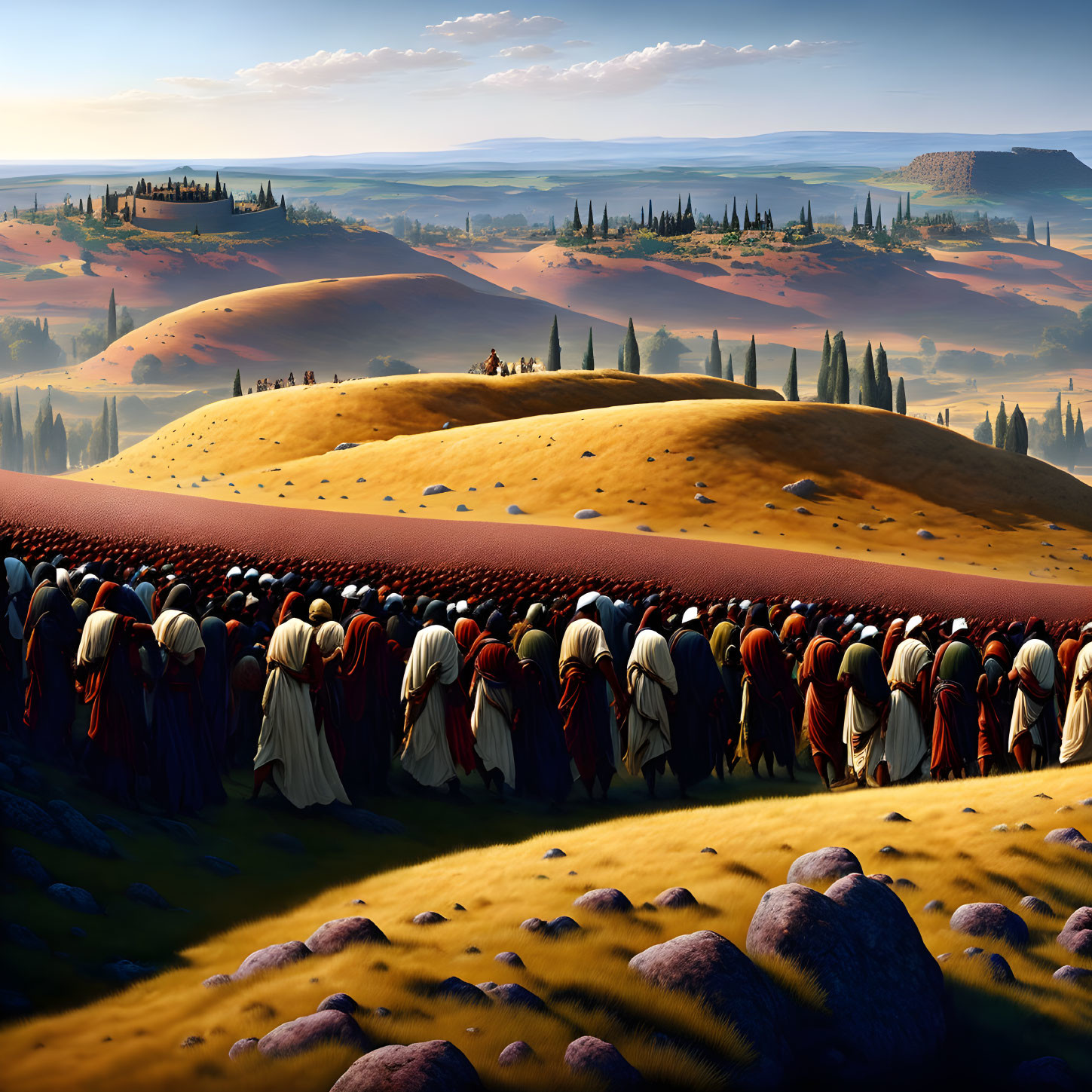 Robed Figures Crossing Golden Landscape with Hills