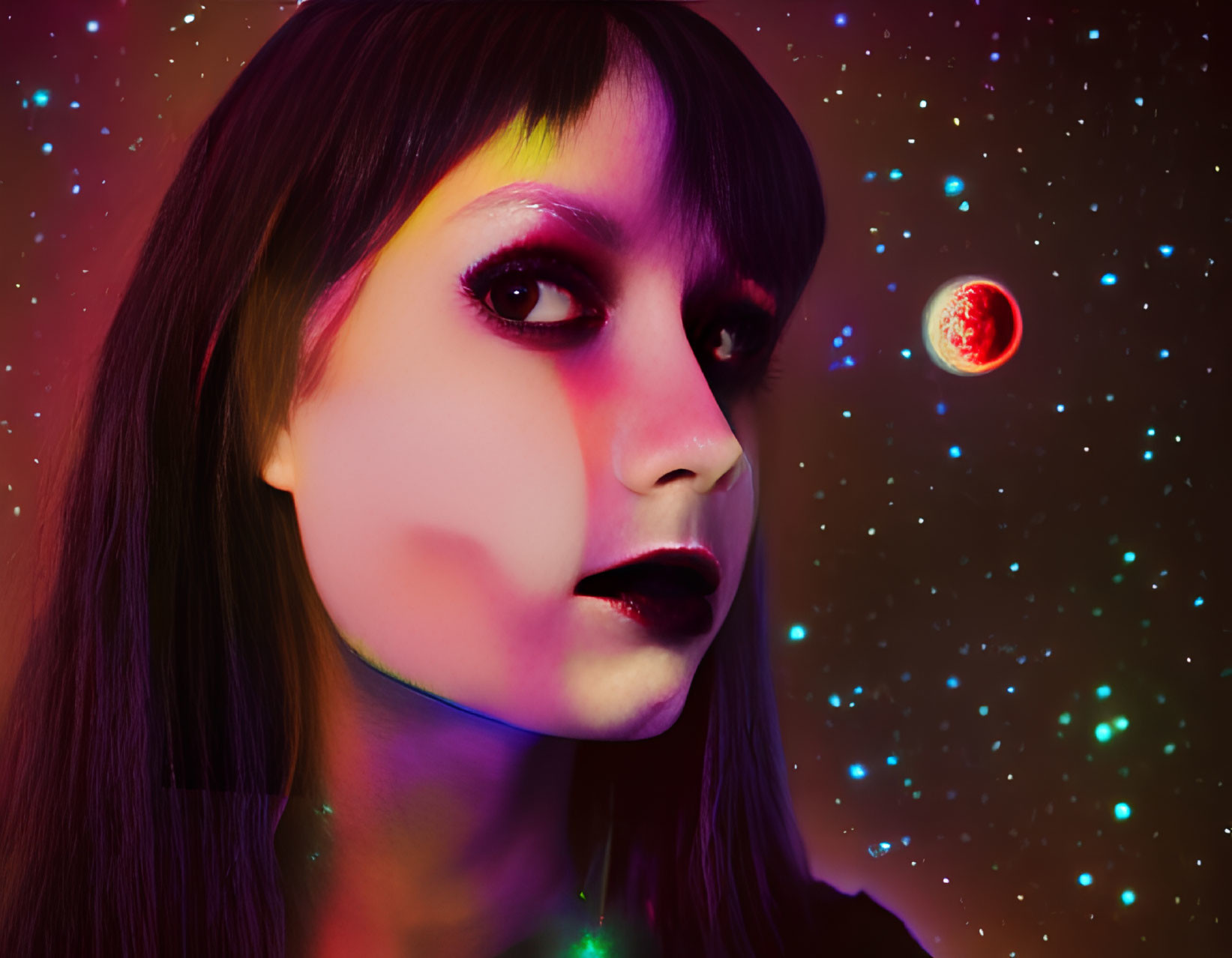 Person with dark lipstick makeup against cosmic background with stars and red planet.