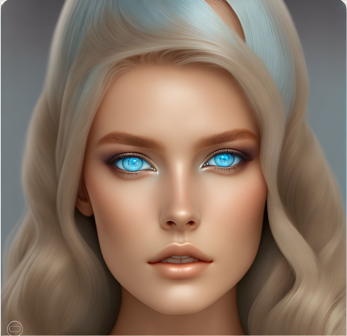 Pale-skinned woman with blue eyes and blonde hair in digital portrait on grey background