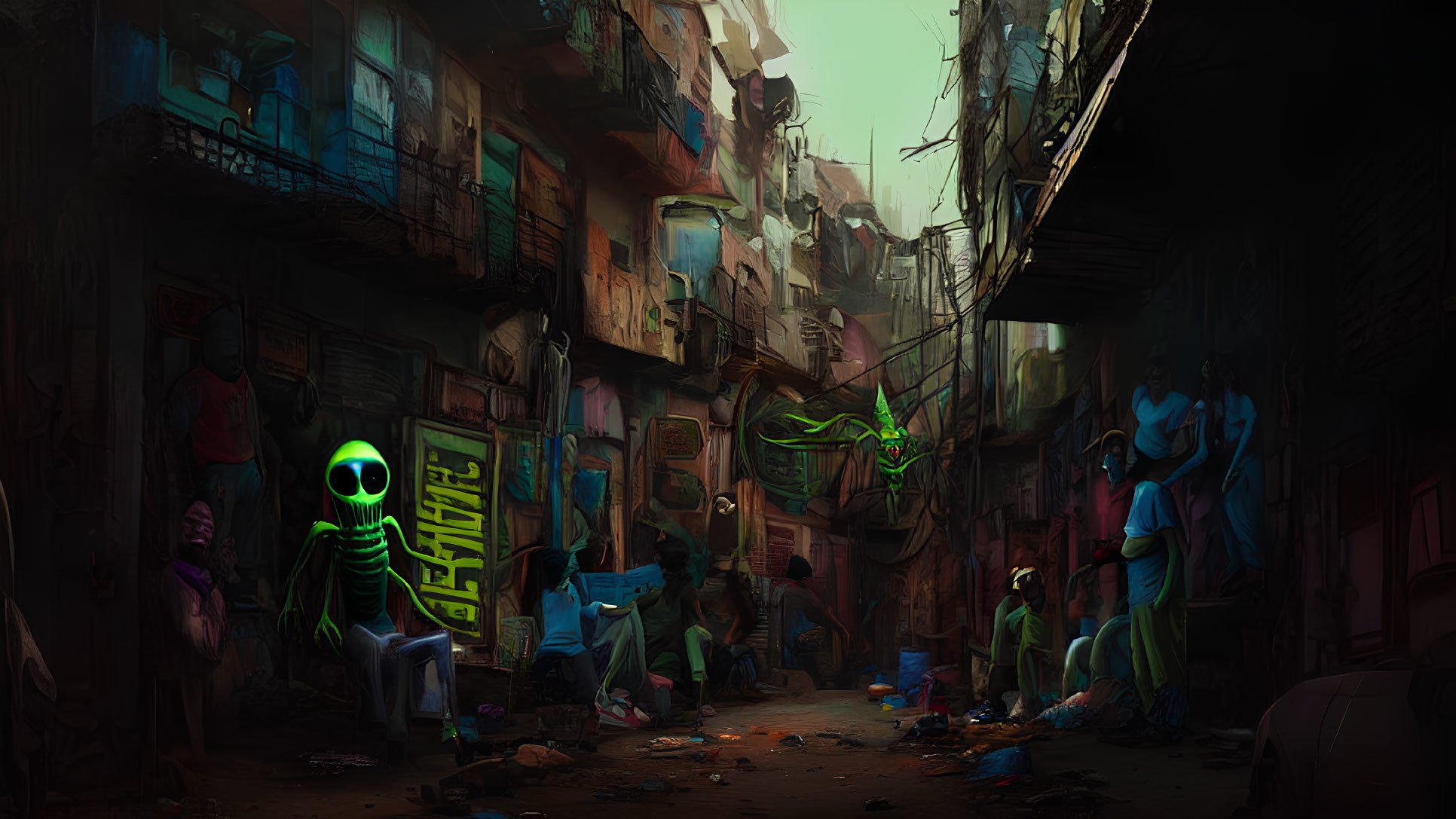 Dystopian alley with glowing green figures and decrepit buildings