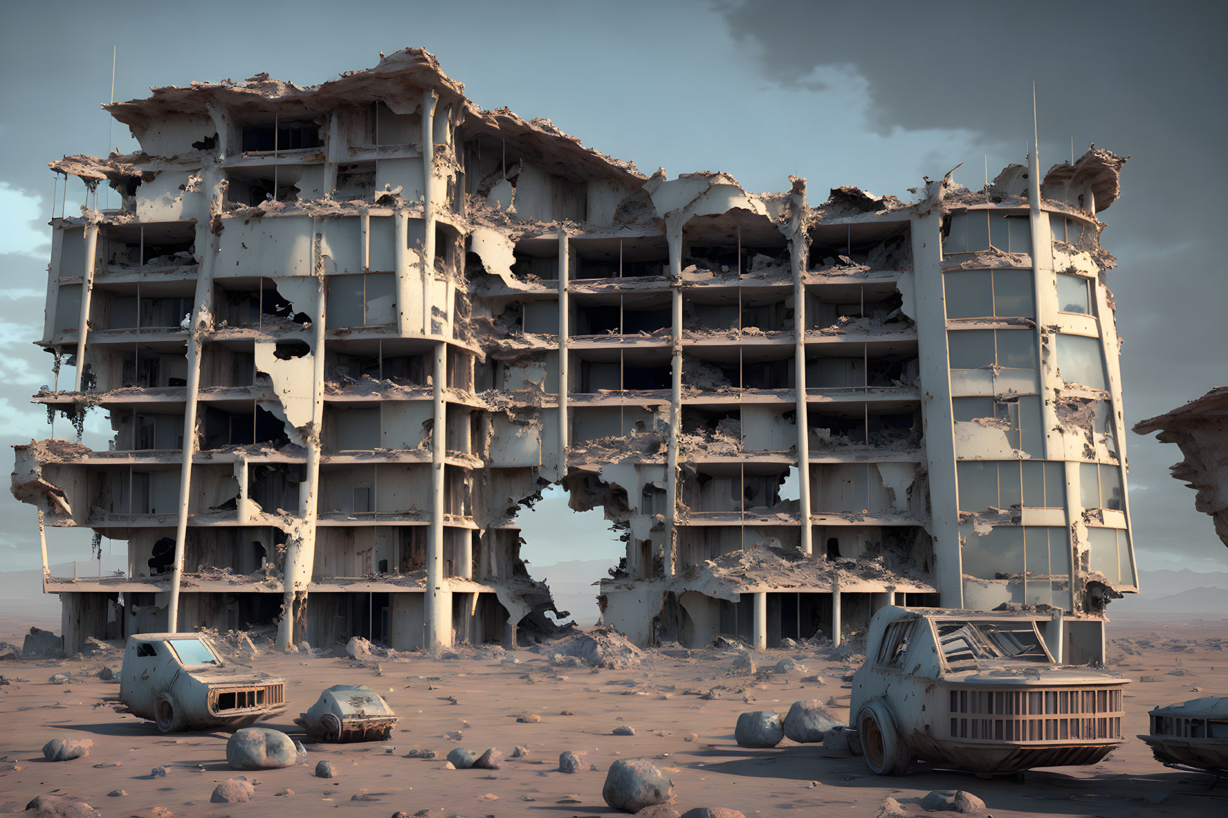 Abandoned multi-story building in desolate landscape with wrecked cars