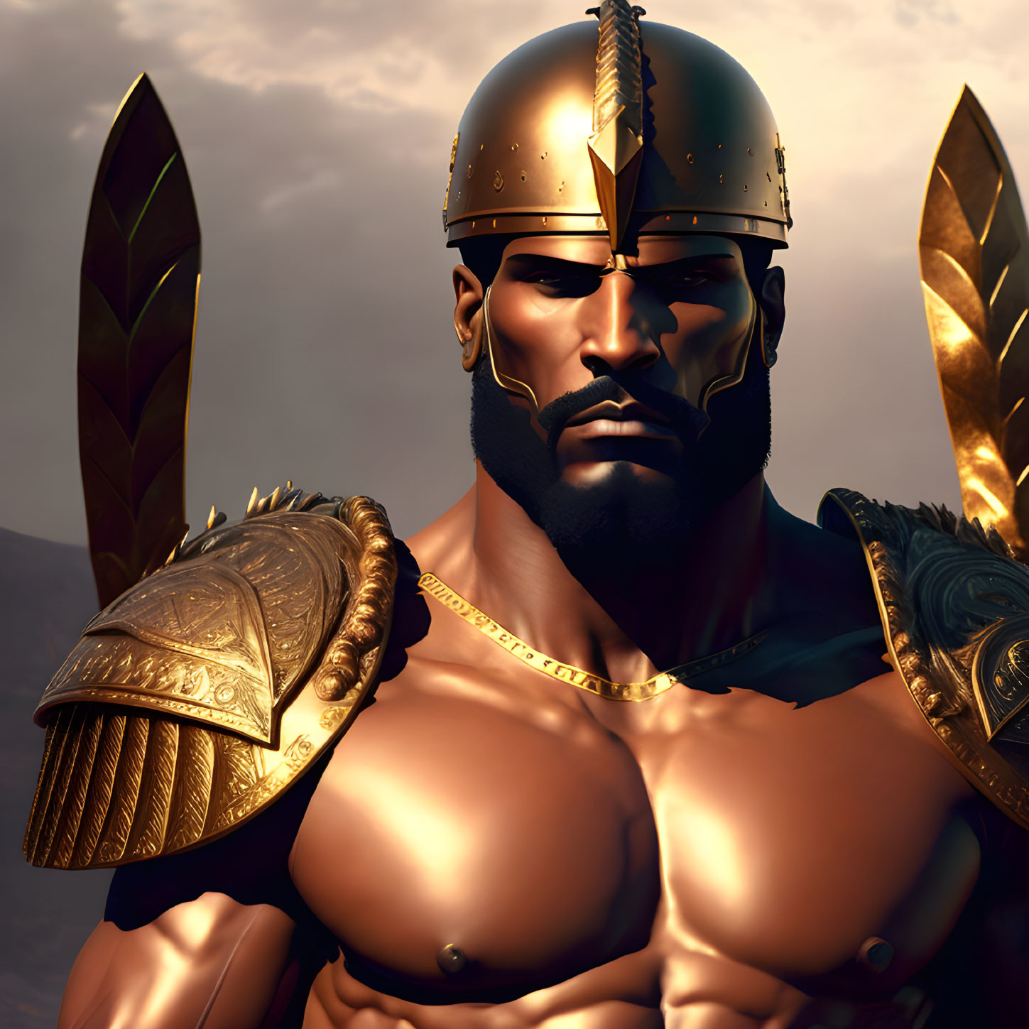 Muscular warrior in golden armor against sky background