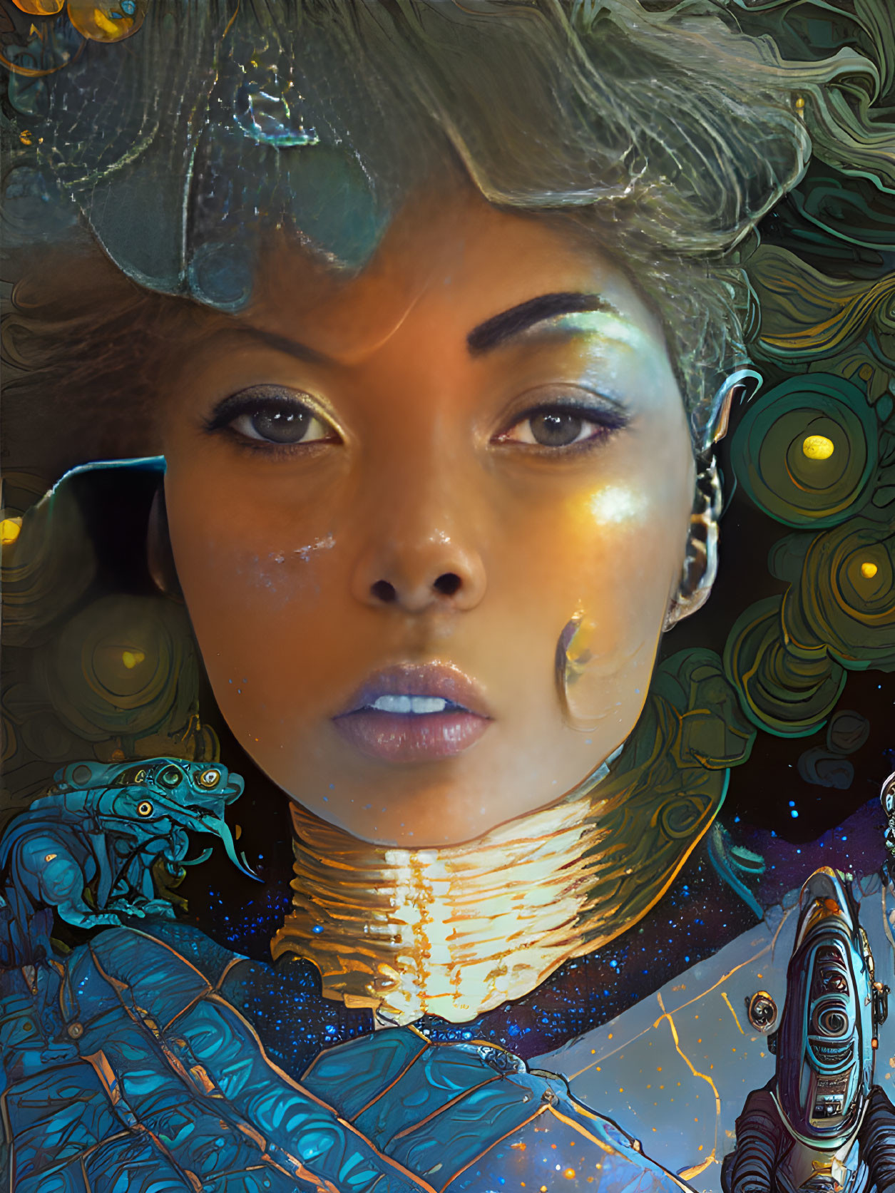 Futuristic portrait of woman with golden skin, space helmet, neckpiece, and lizard-like creature