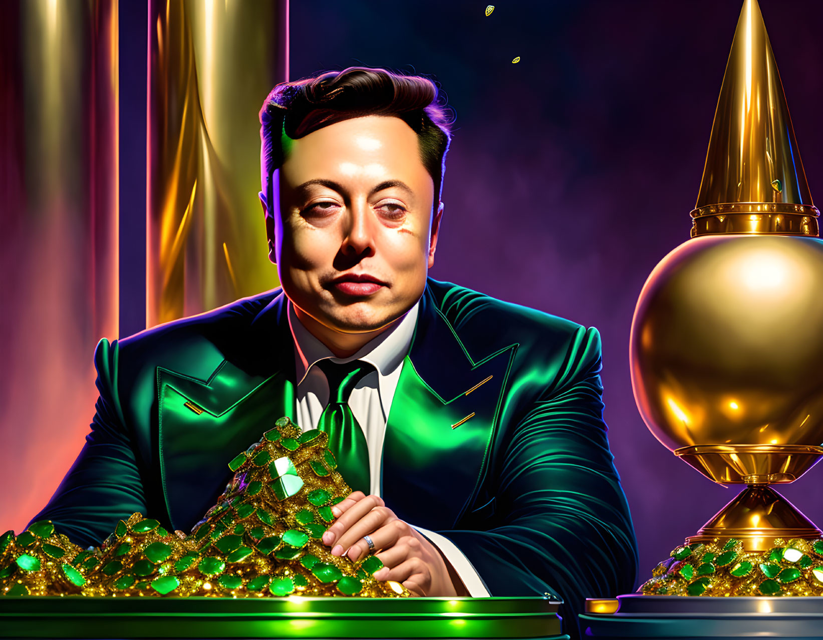 Man in Green Suit with Gemstones and Trophies in Vibrant Setting