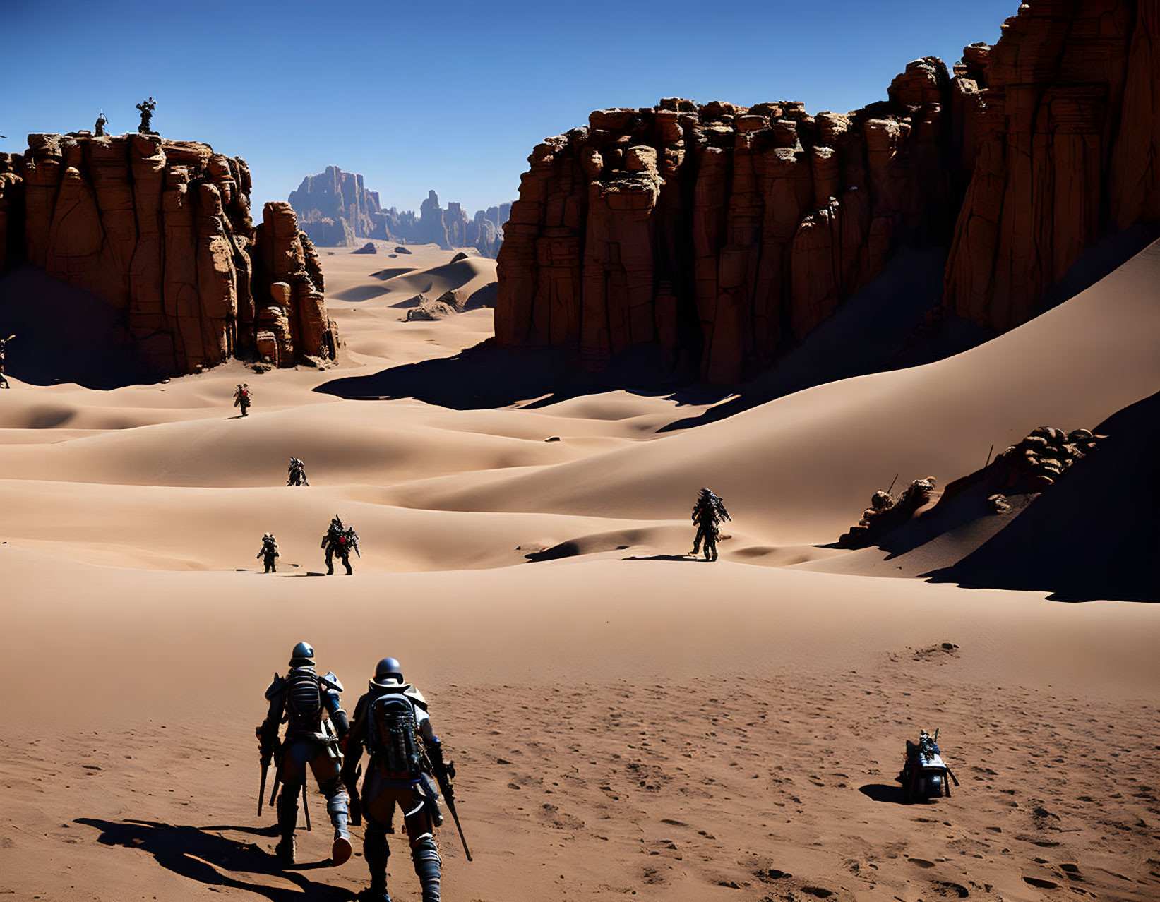 Explorers in spacesuits navigate sand dunes amid rock formations