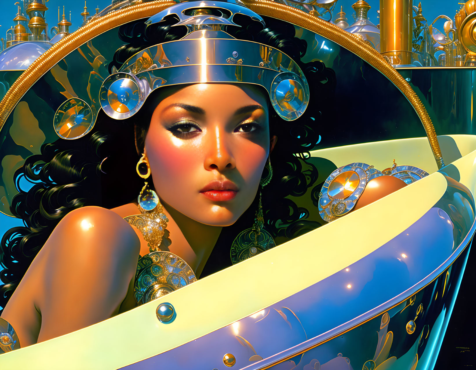 Futuristic digital artwork of woman with dark hair and golden jewelry