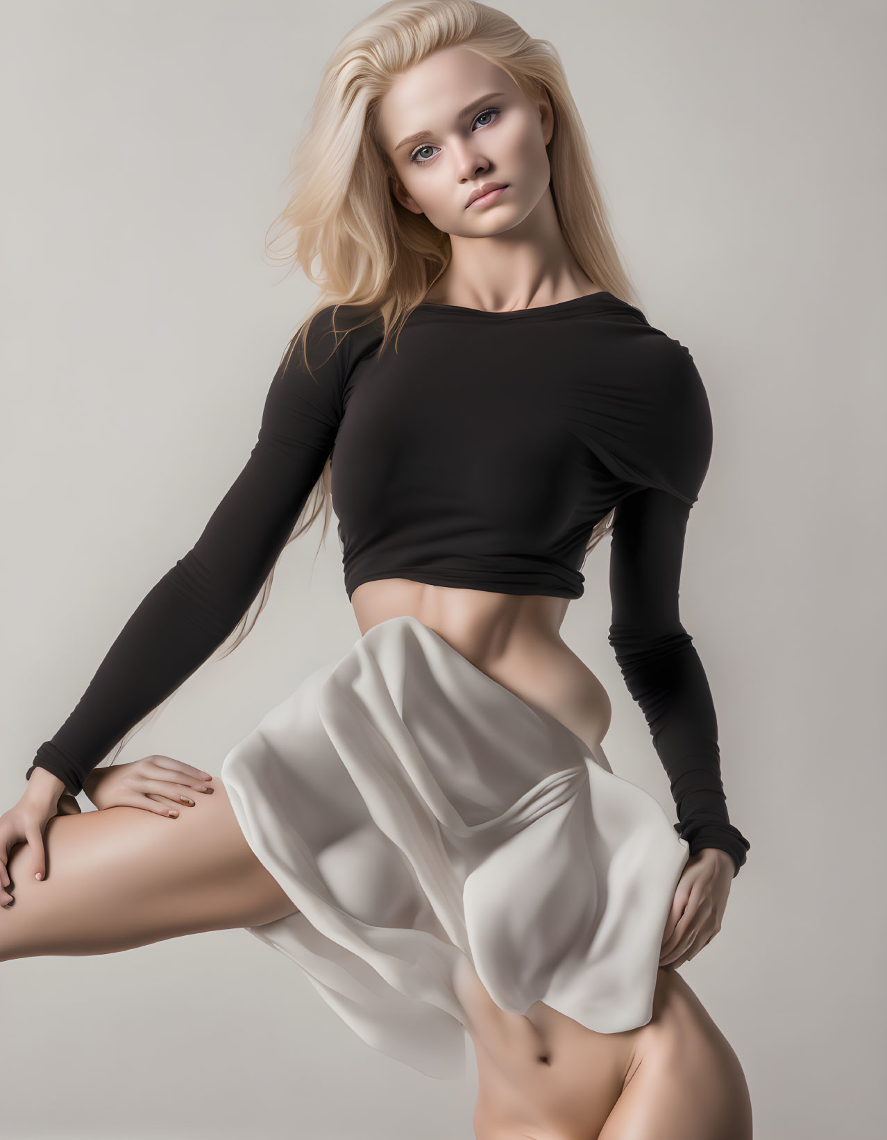 Blonde woman in black crop top and white skirt pose.