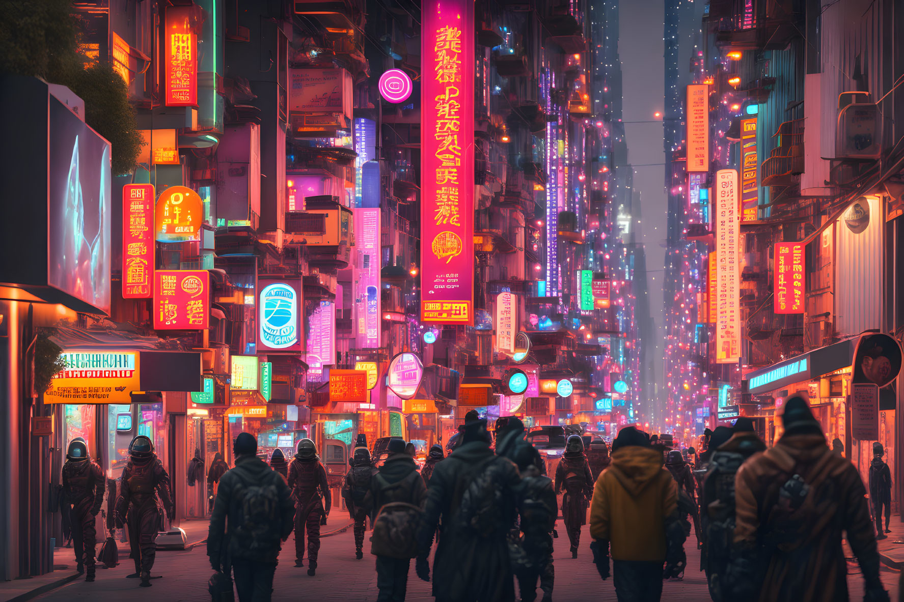 Vibrant neon-lit street at twilight with winter pedestrians and towering buildings