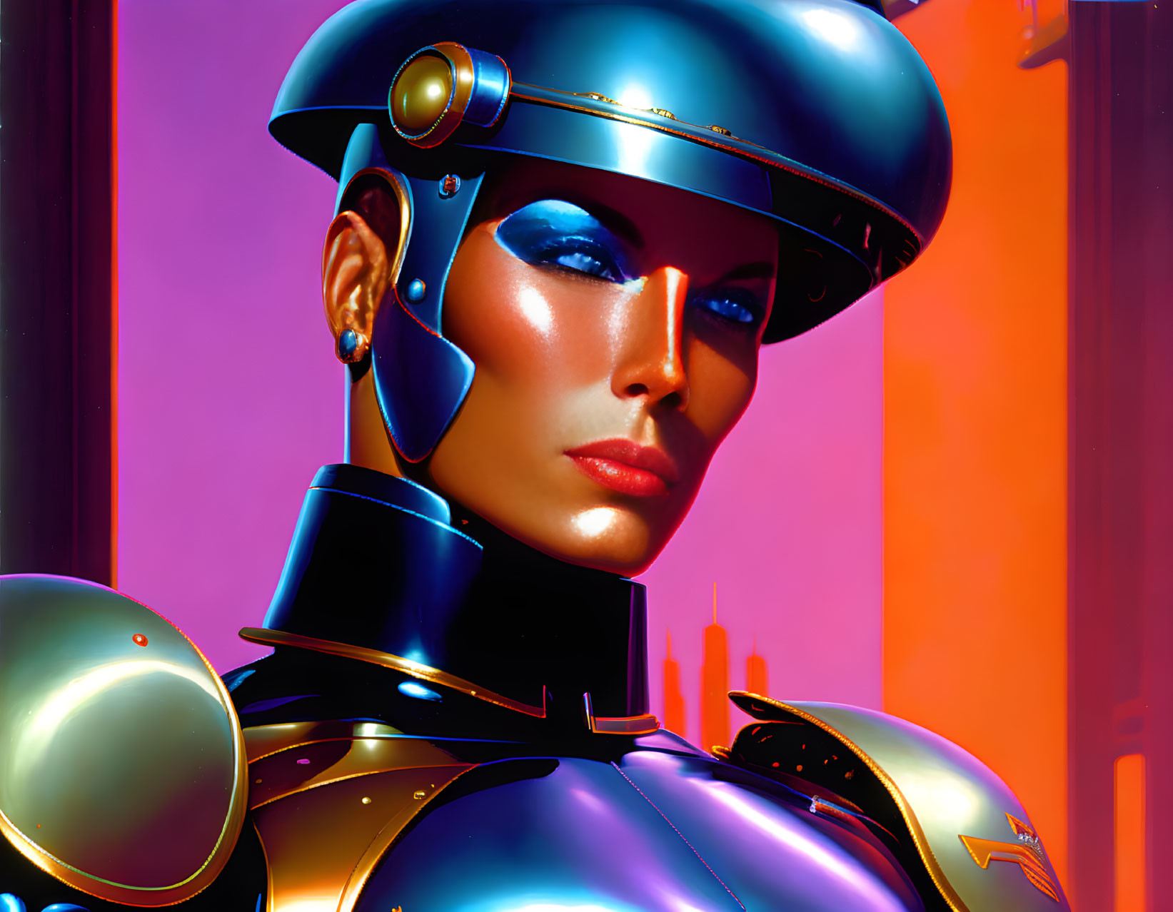 Close-up Illustration of Female Android in Blue Helmet and Armor on Pink Background