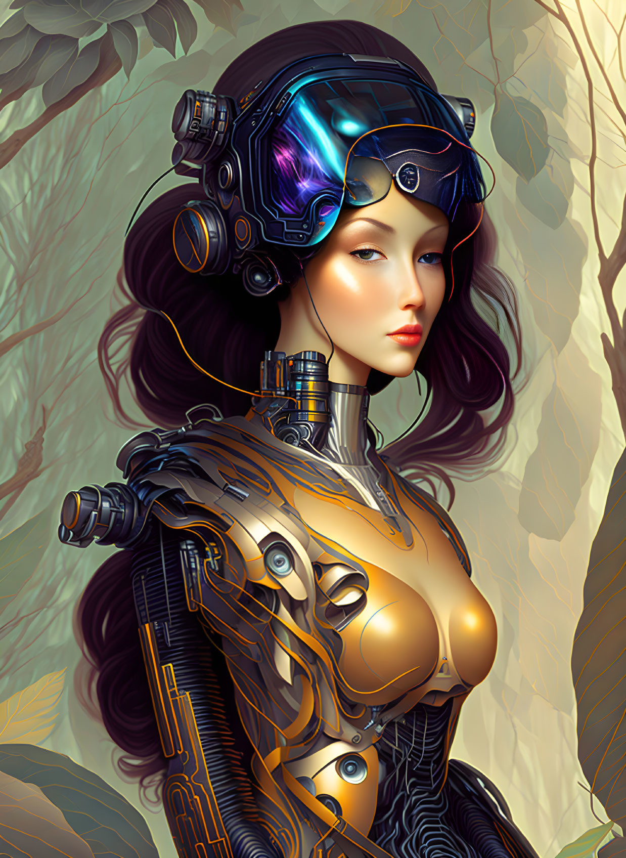 Futuristic female cyborg in intricate helmet and mechanical body in stylized forest.