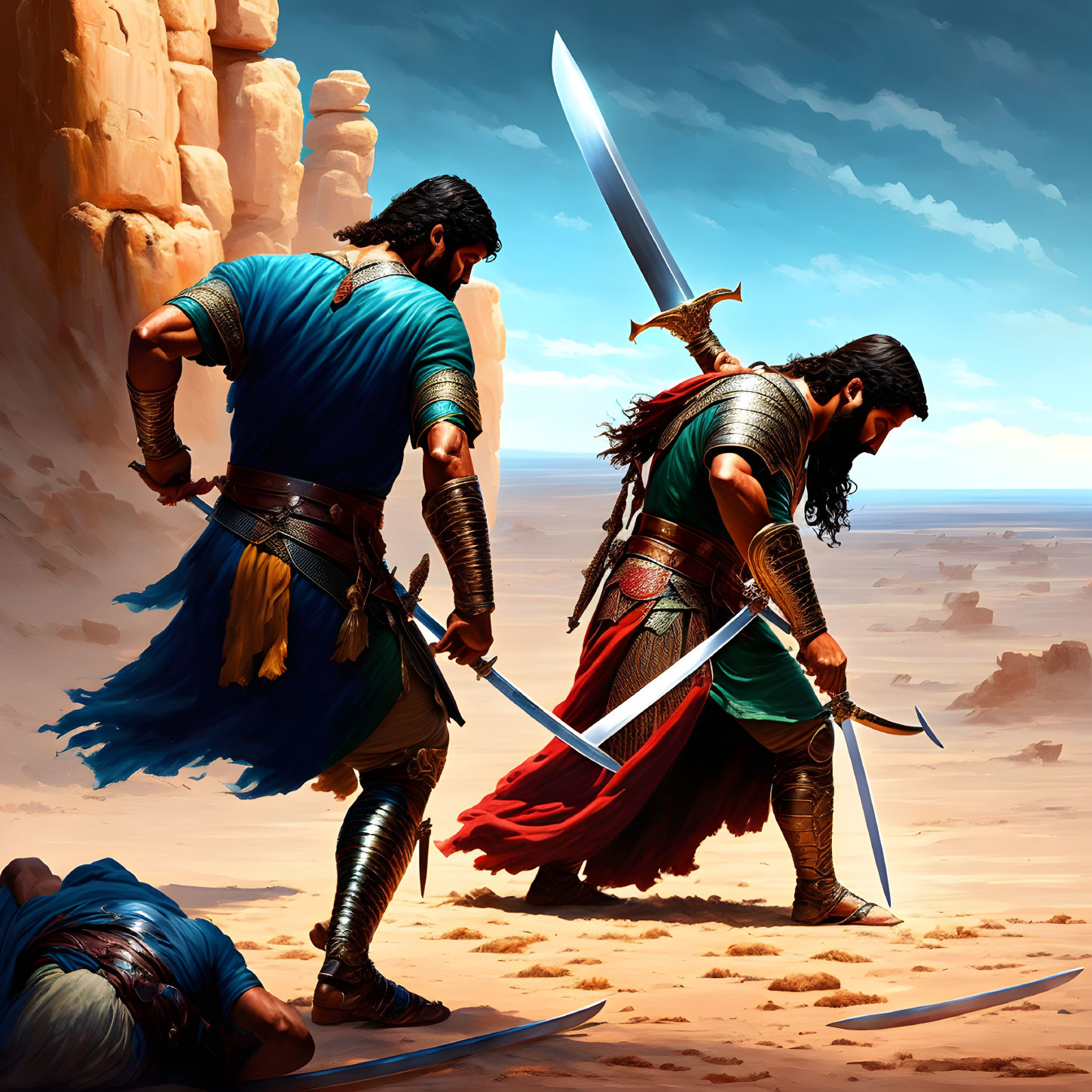 Ancient warriors in desert landscape with swords and defeated opponent