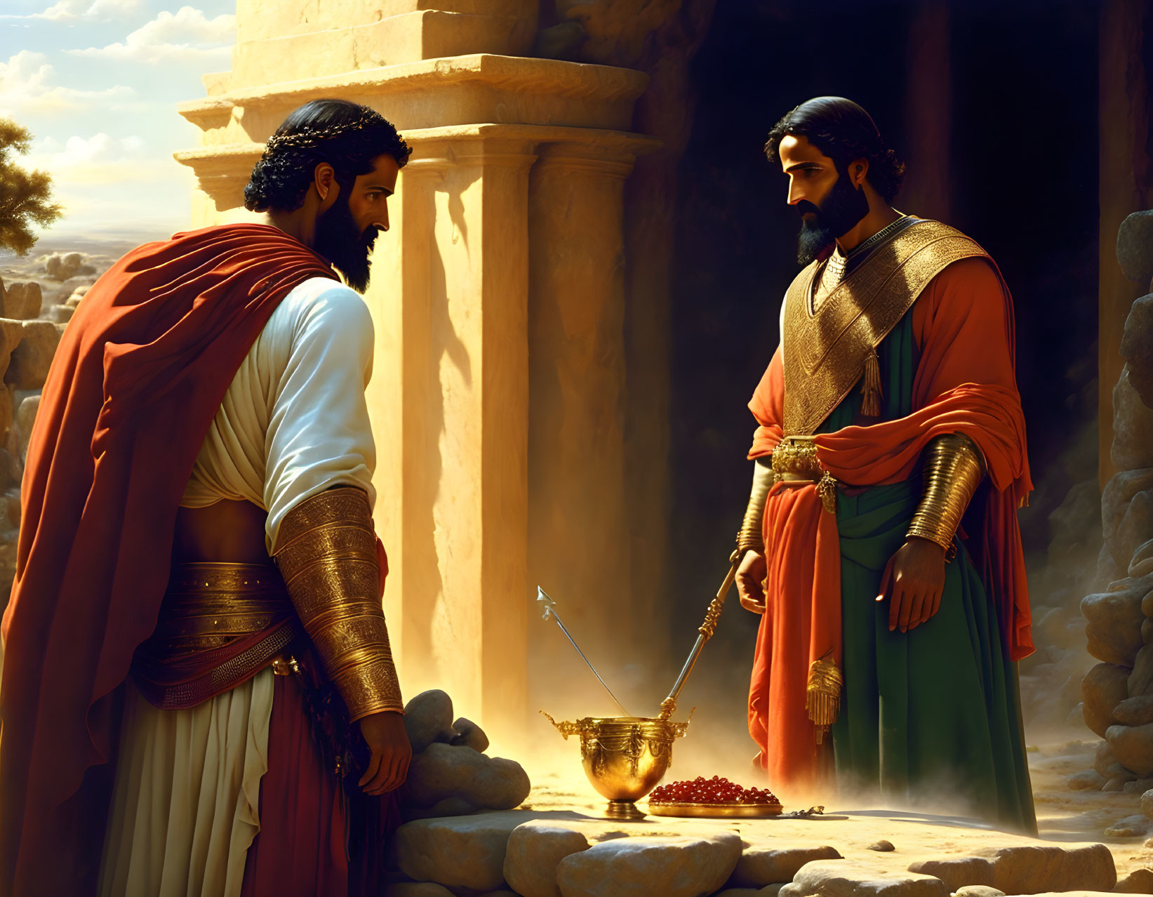 Two men in regal attire with red cloak and golden vessel under warm sunlight.