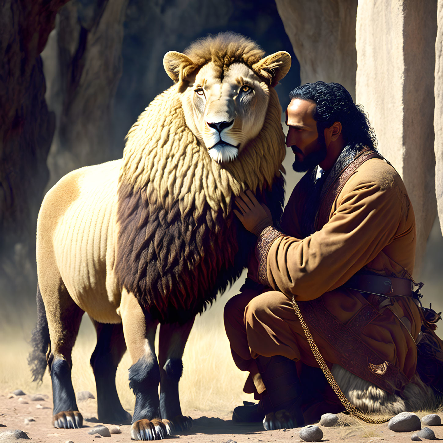 Man in vintage attire kneeling before lion with sheep-like fleece in rocky, sunlit scene