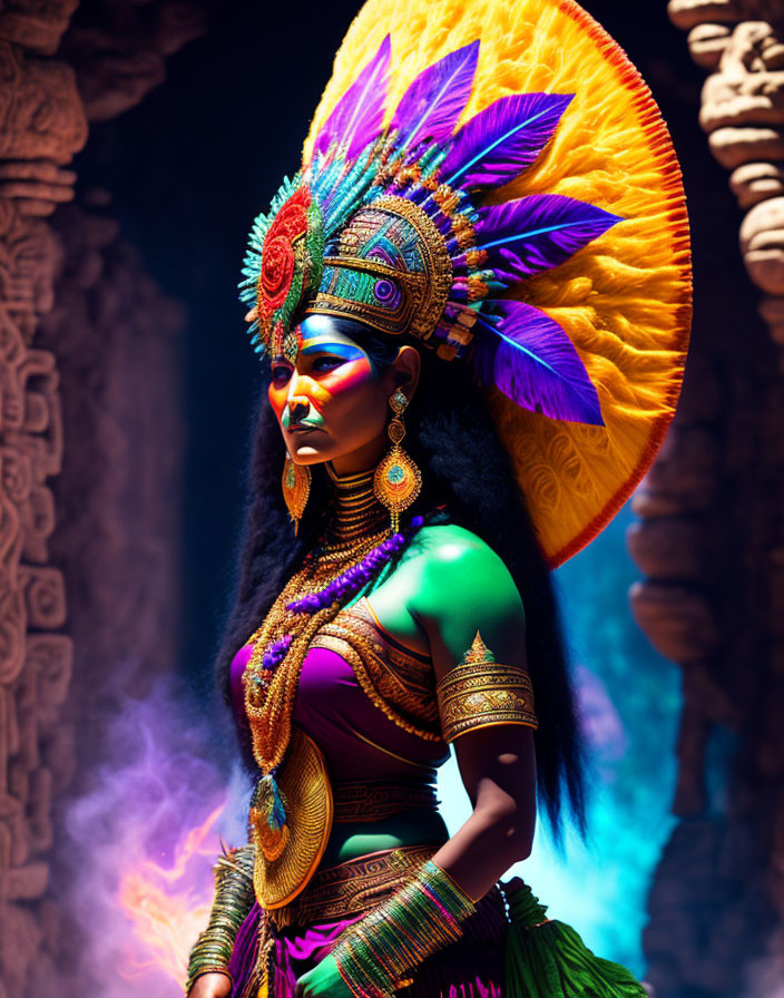 Person in traditional attire with feathered headdress and dramatic makeup against mystical backdrop