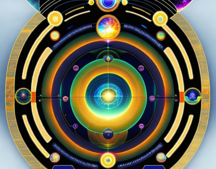 Vibrant solar system illustration with orbits, planets, and symbols on dark background
