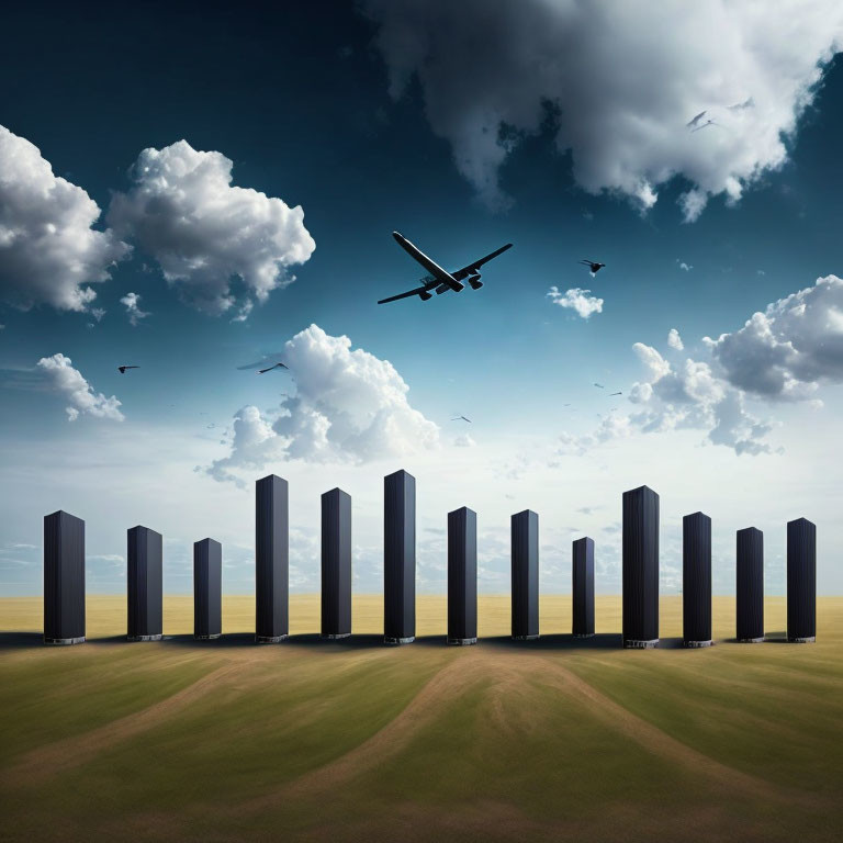 Airplane flying over stone monoliths in cloudy sky with birds.