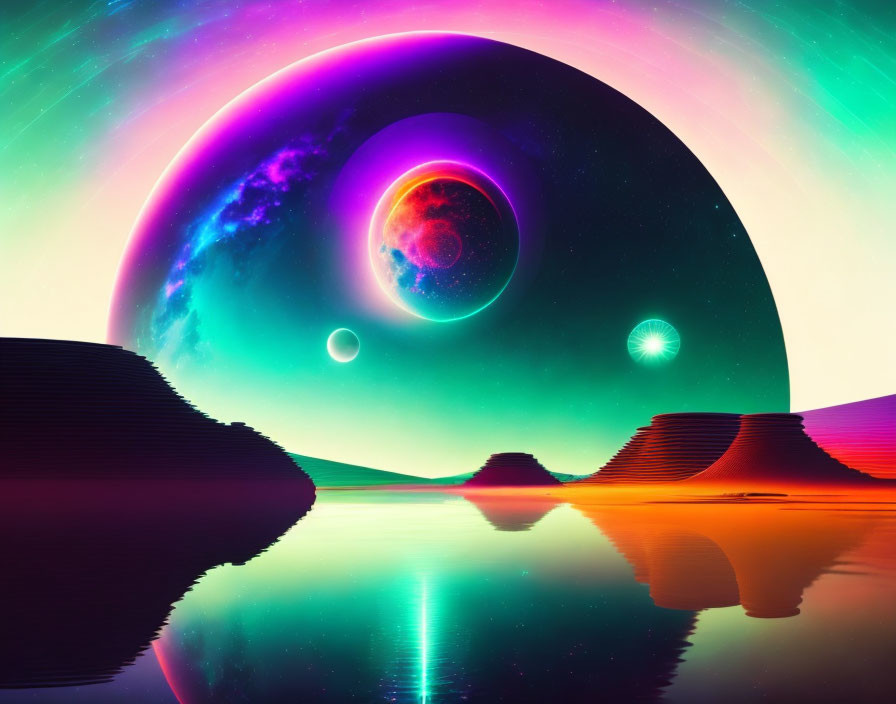 Surreal sci-fi landscape with neon colors and multiple moons reflecting on a calm lake