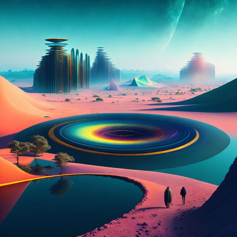 Futuristic sci-fi landscape with figures, rings, buildings, and planet