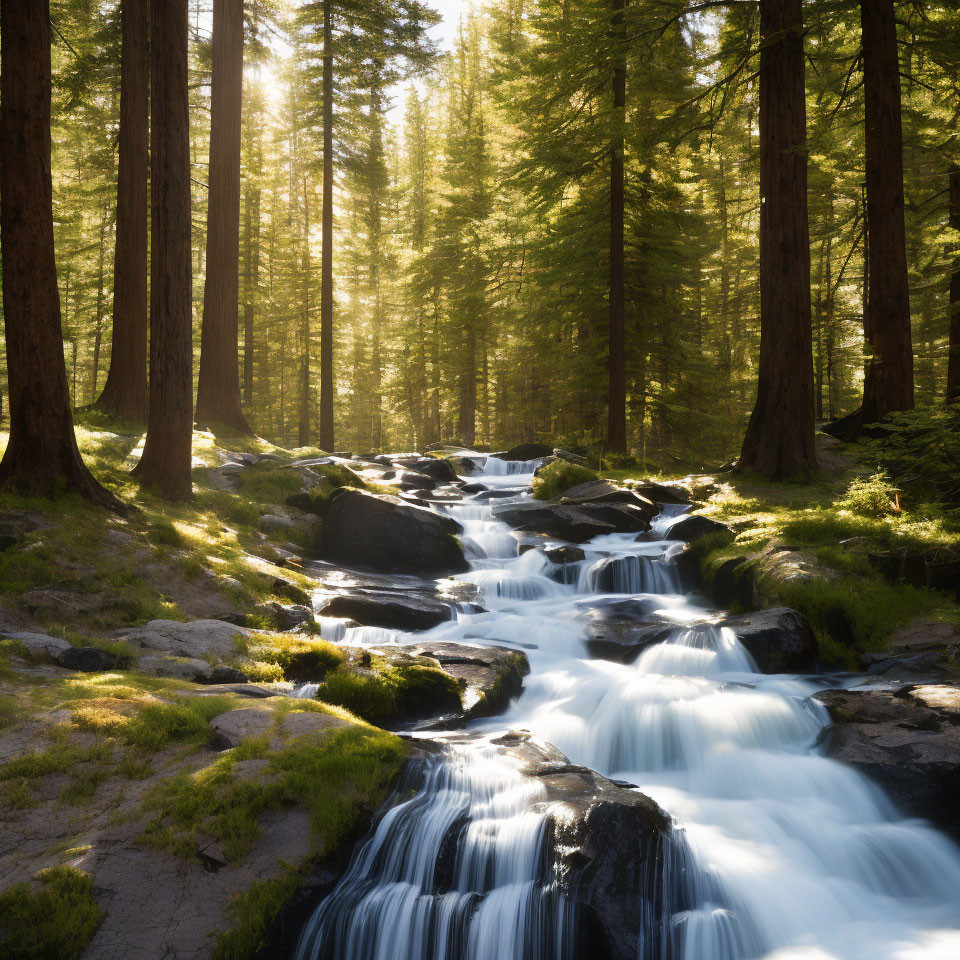 Tranquil stream in sunlit forest with pine trees and moss-covered rocks