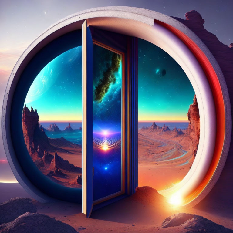 Circular Portal Reveals Cosmic and Desert Landscapes