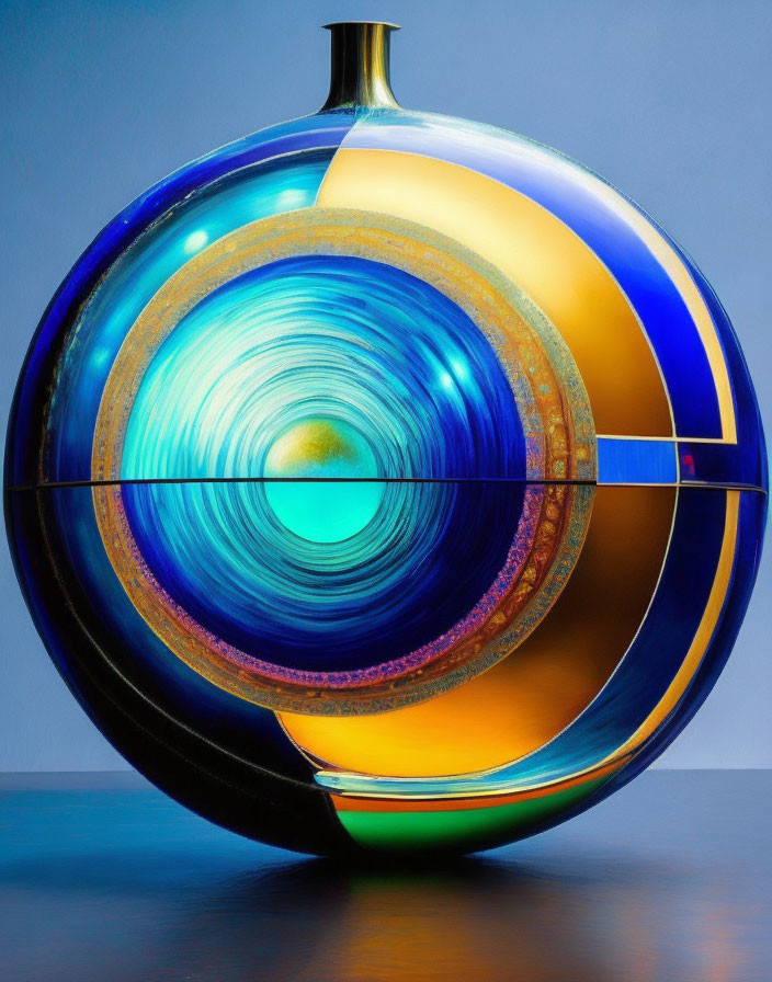 Circular Glass Sculpture with Blue and Gold Patterns on Gradient Background