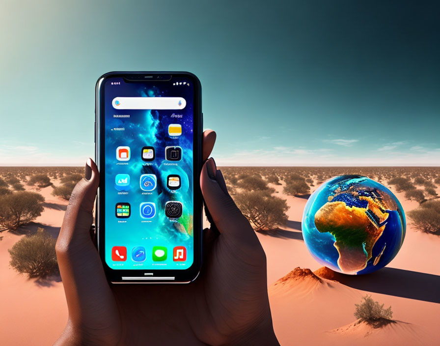 Smartphone with app icons held in hand against desert landscape and floating globe