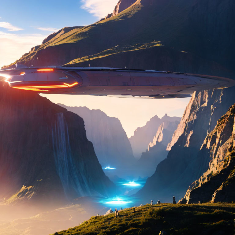 Futuristic spaceship above lush valley with waterfalls at sunset