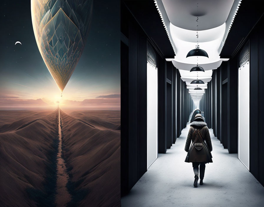 Person in Coat Walking in Futuristic Corridor with Drones and Desert Landscape at Sunset