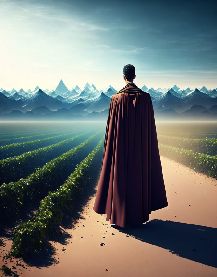 Person in Brown Cape Contemplates Surreal Landscape