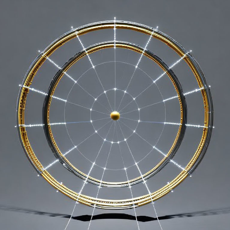 Reflective gold and silver circular structure on grey background.