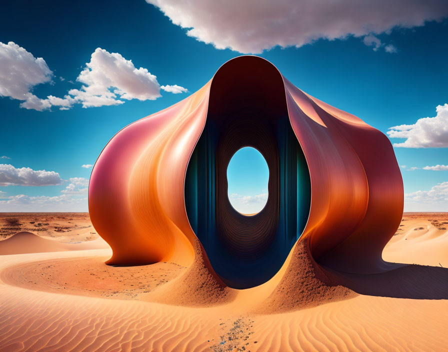 Multicolored looped ribbon sculpture in desert landscape