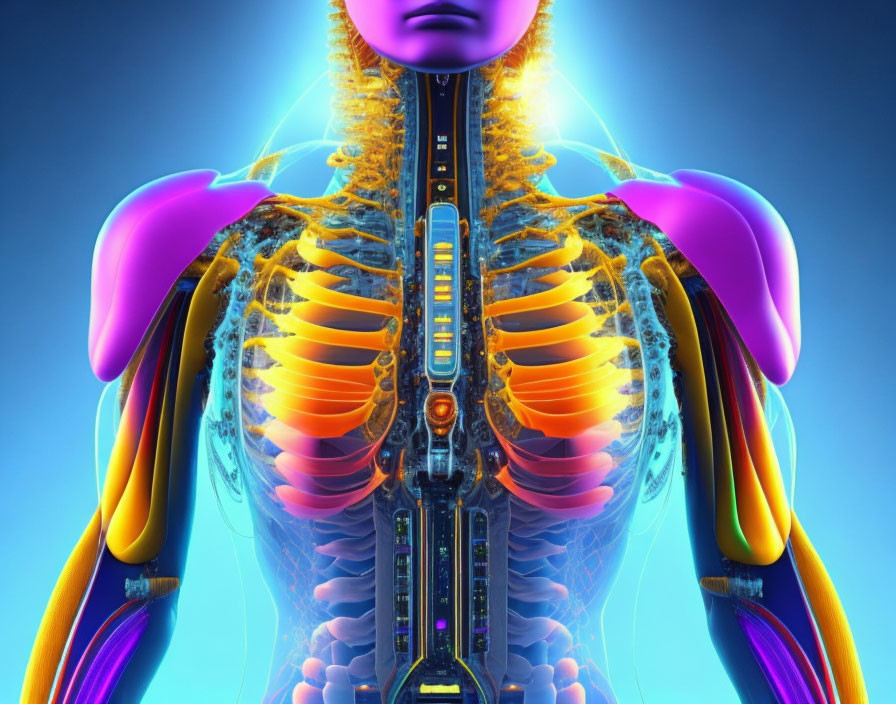 Detailed 3D illustration of human body's skeletal and muscular systems with central core symbolizing technology or