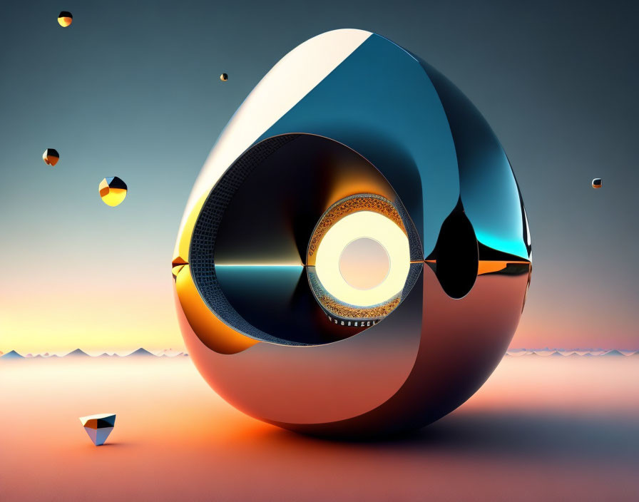 Blue and Black Futuristic Orb with Golden Pattern Floating in Abstract Desert Landscape