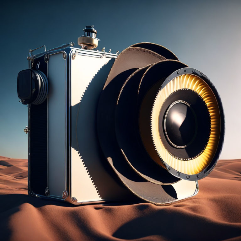 Vintage-Style Camera on Sandy Dunes with Large Lens