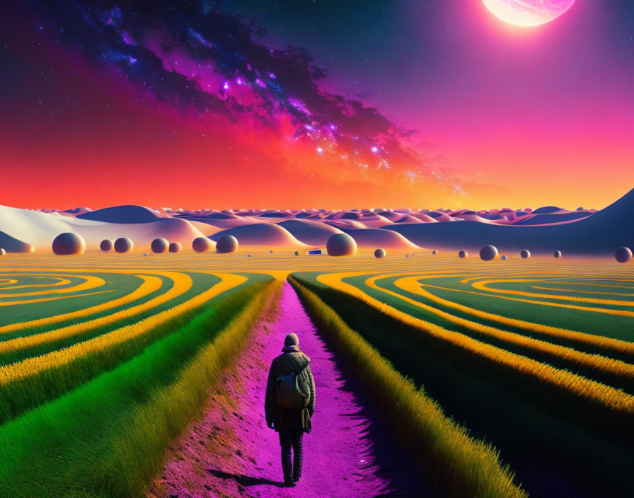 Person walking on purple path in vibrant yellow fields under surreal sky with pink planet and colorful clouds at dusk